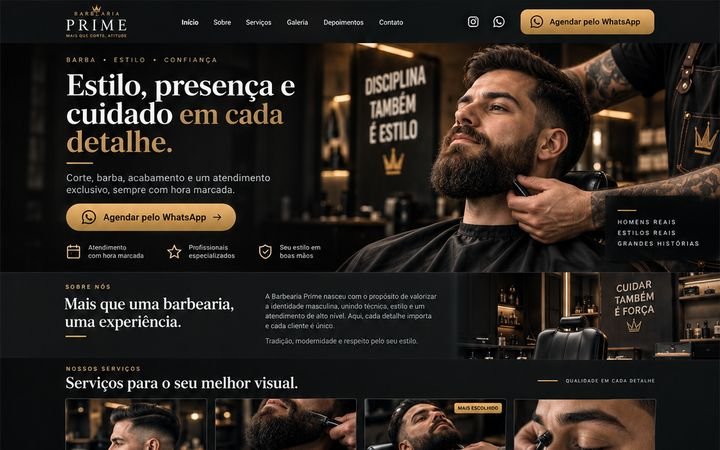 Página inicial do modelo de barbearia: foto grande, serviços e botão de agendamento.