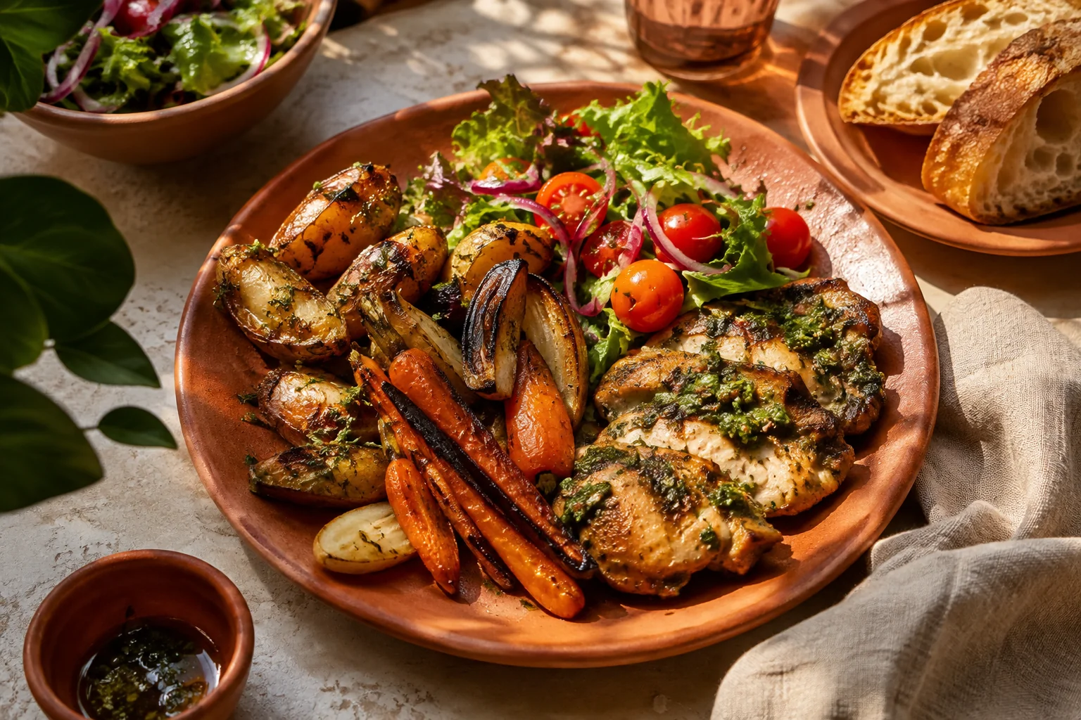 Mesa ilustrativa de bistrô com pratos, salada e pão artesanal