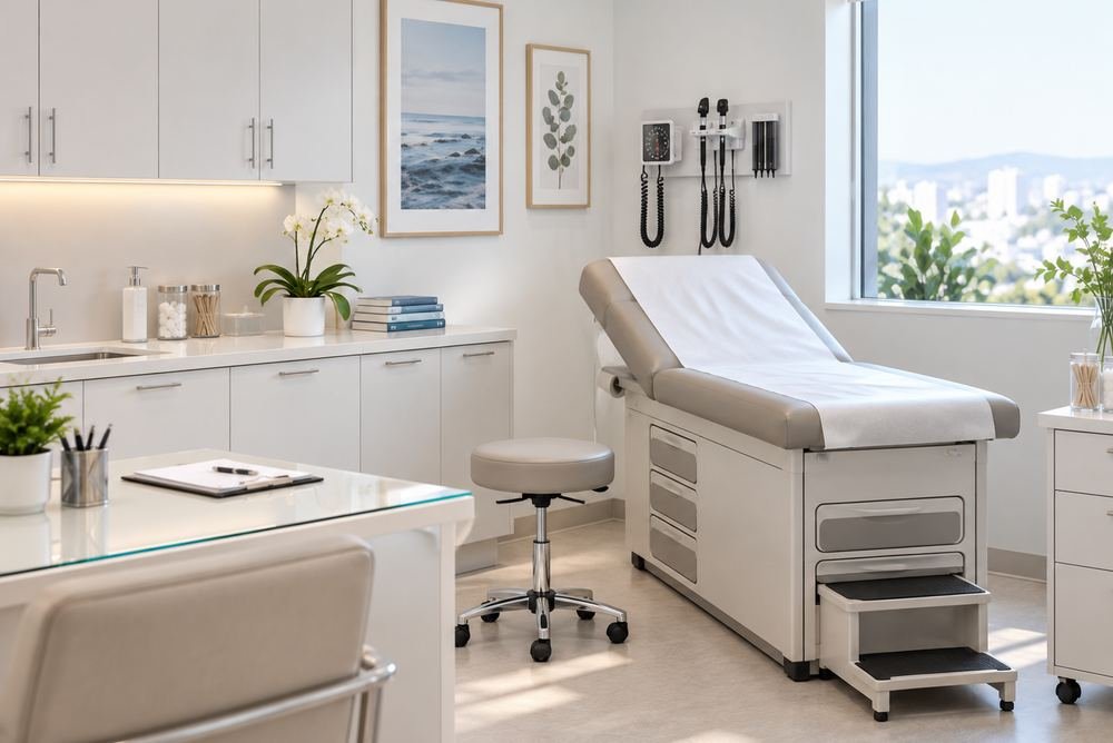 Sala de exame de um consultório fictício, com maca, banqueta e bancada