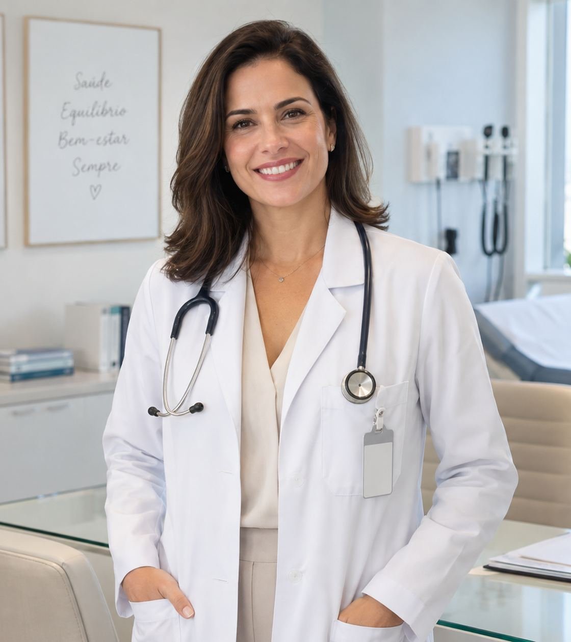 Médica fictícia em pé no consultório, de jaleco branco e estetoscópio