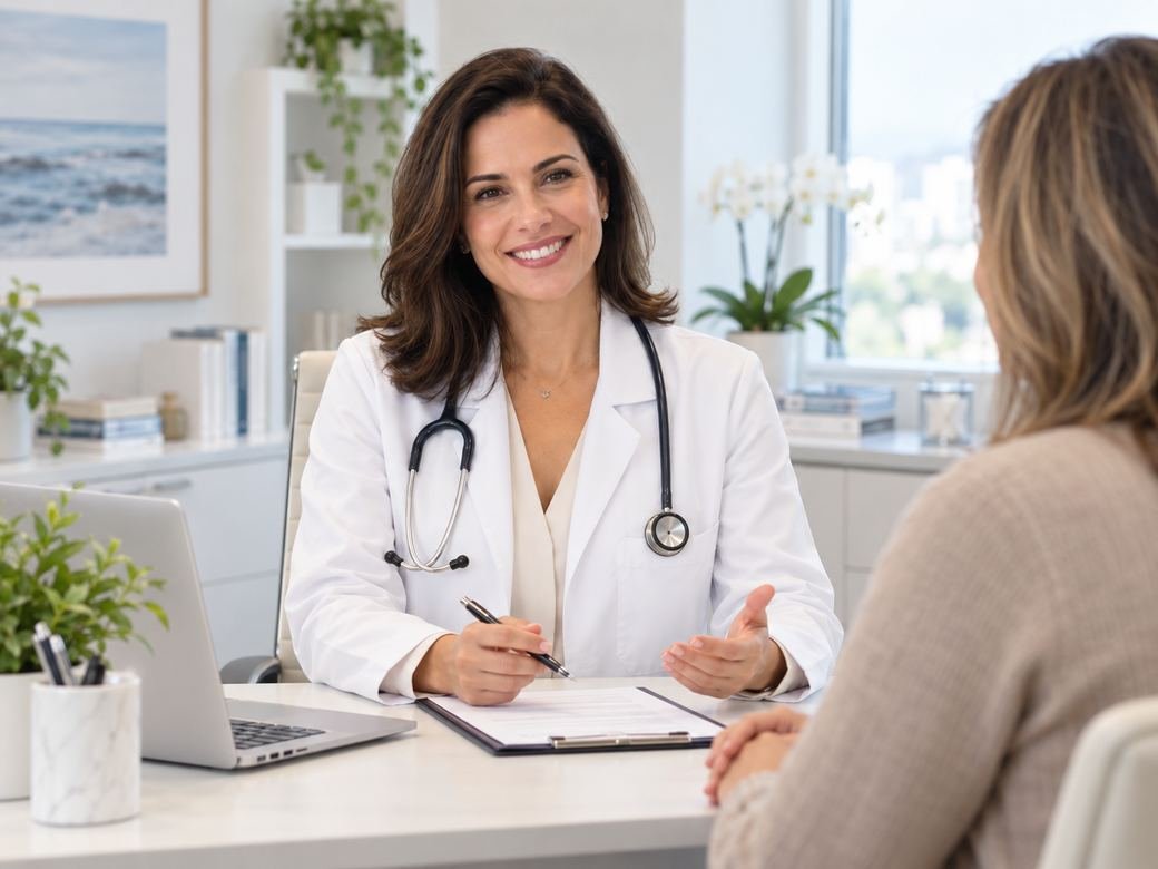 Médica fictícia conversando com uma paciente durante a consulta